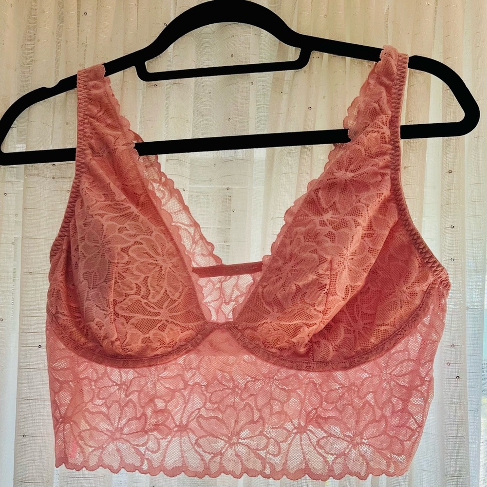NWOT VS PINK Longline Plung Lace lightly lined Bralette in Pink SZ XL